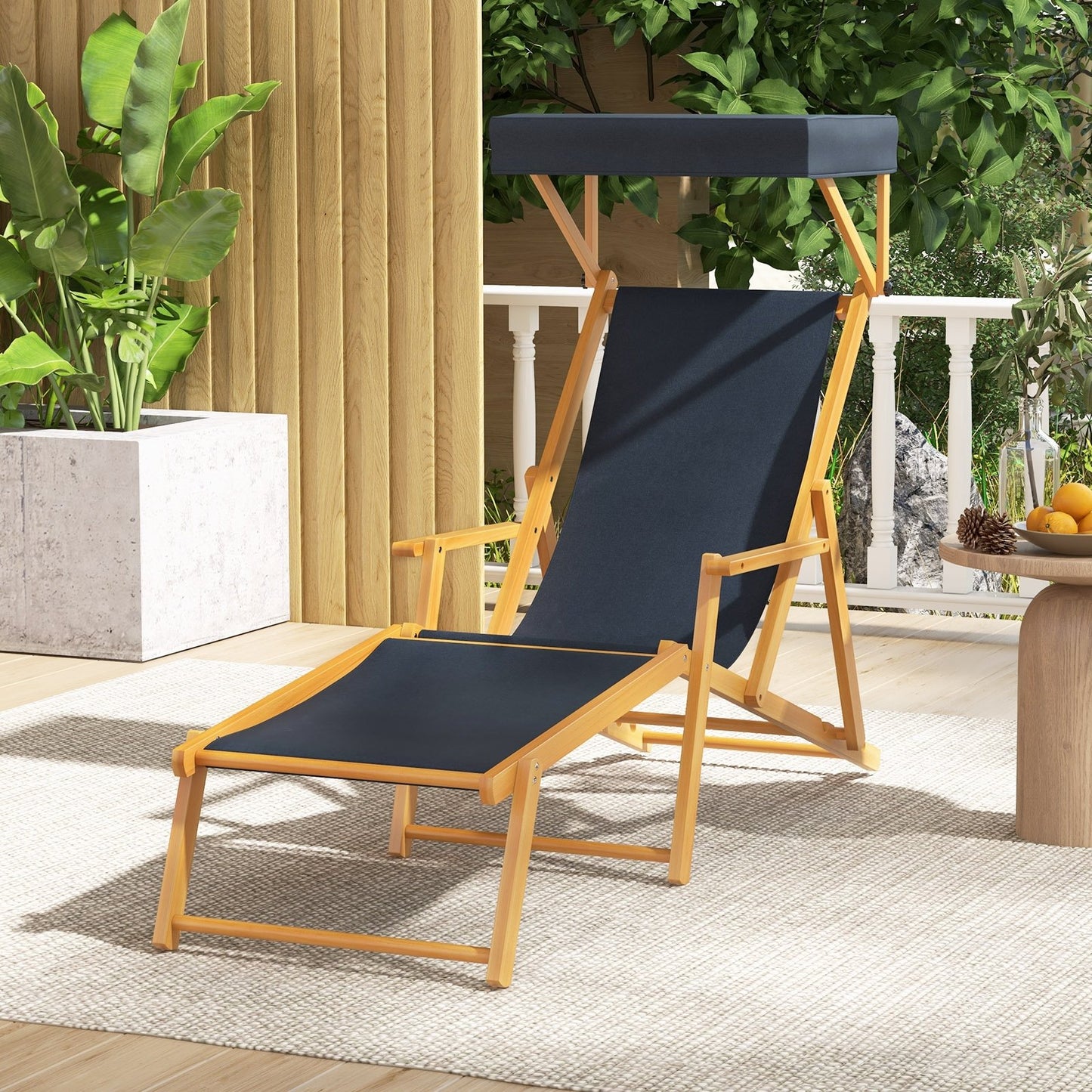 Birch Wood Chaise Lounge Chair Foldable Beach Chair with Adjustable Canopy-Brown