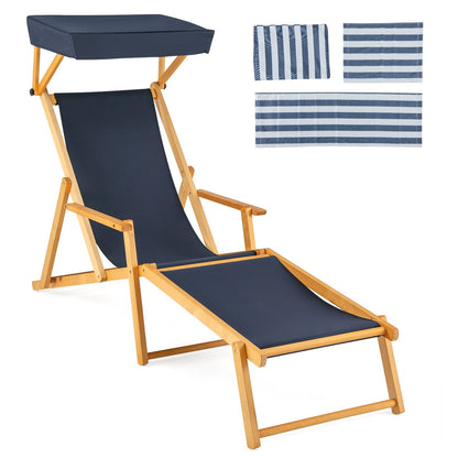 Birch Wood Chaise Lounge Chair Foldable Beach Chair with Adjustable Canopy-Brown
