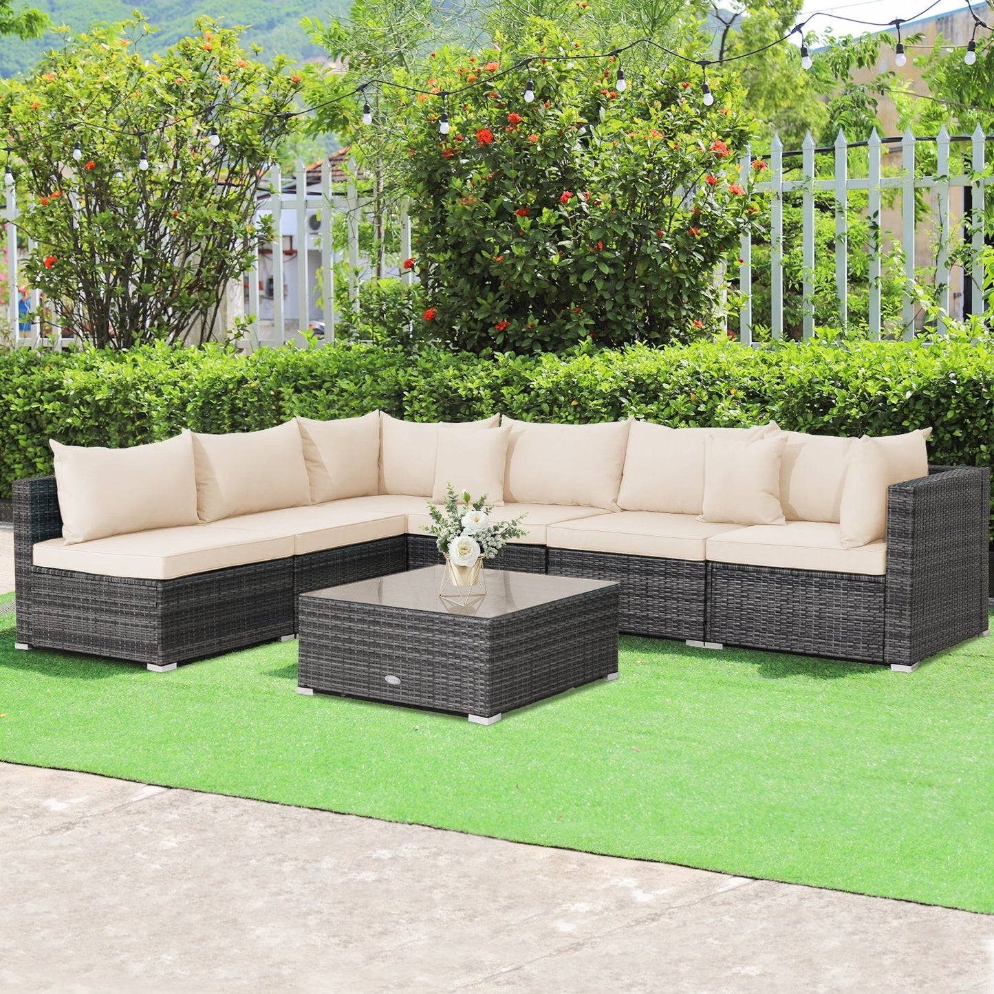 7 Pieces Patio Rattan Furniture Set with Sectional Sofa Cushioned-Beige