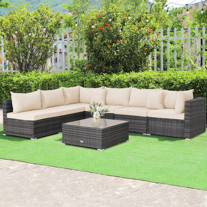 7 Pieces Patio Rattan Furniture Set with Sectional Sofa Cushioned-Beige