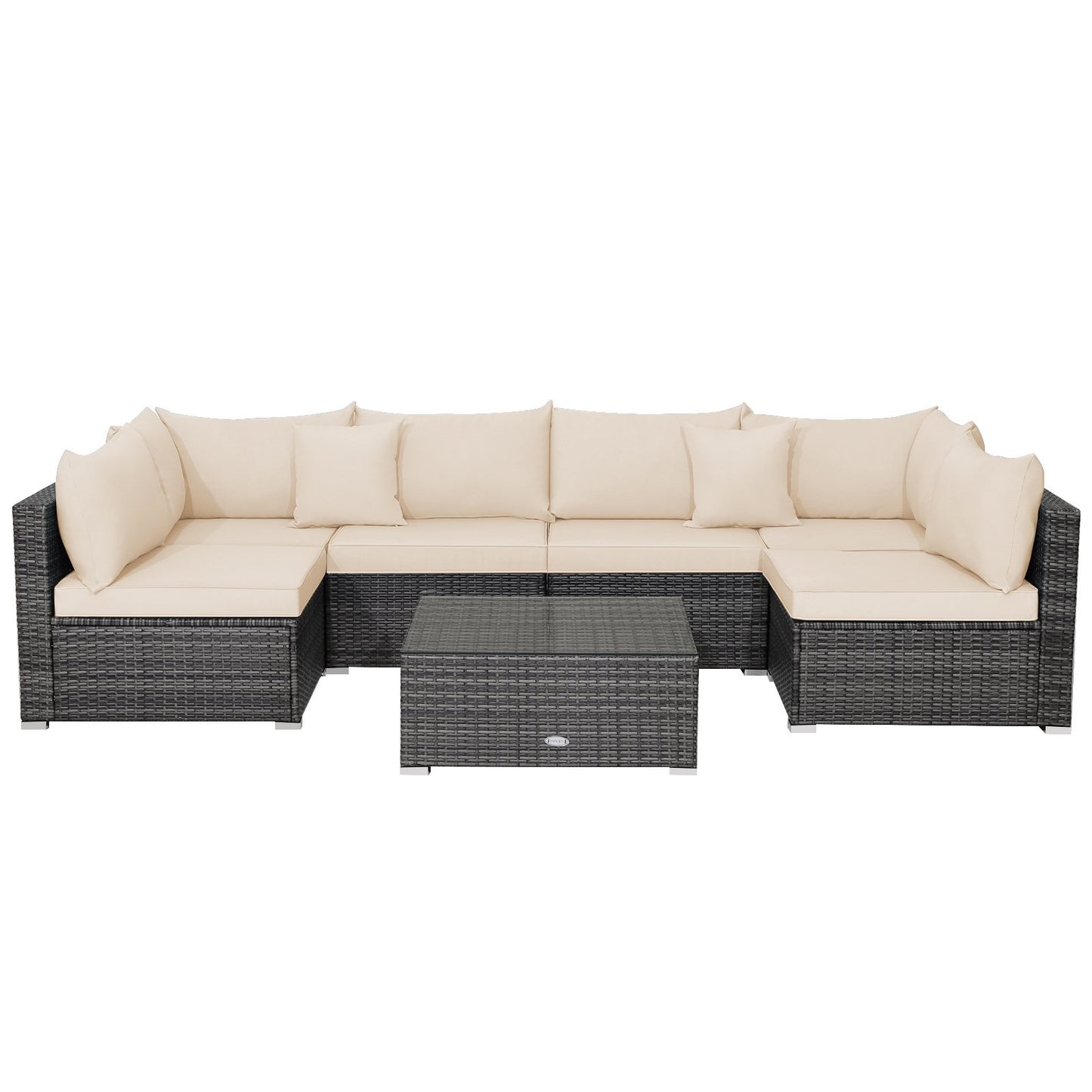 7 Pieces Patio Rattan Furniture Set with Sectional Sofa Cushioned-Beige
