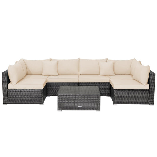 7 Pieces Patio Rattan Furniture Set with Sectional Sofa Cushioned-Beige