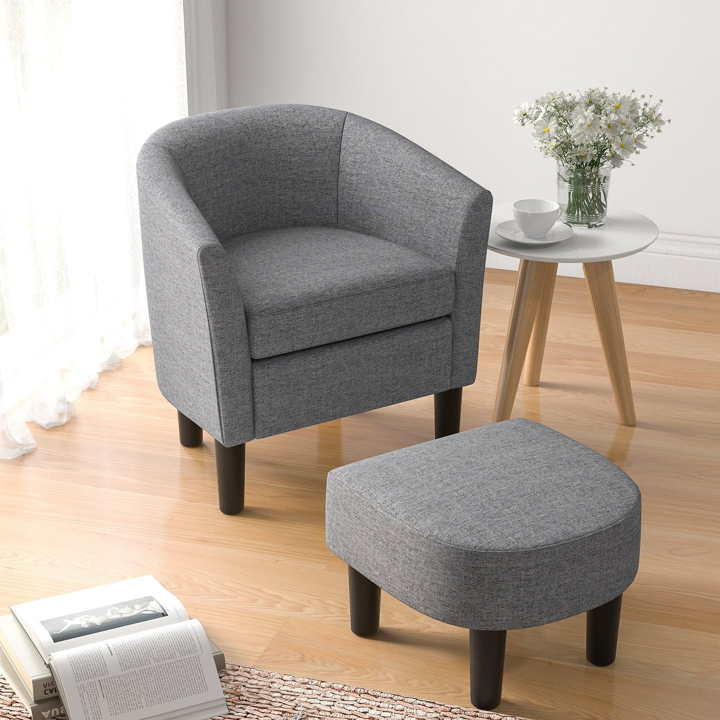 Barrel Club Chair with Ottoman Set Linen Fabric Accent Chair with Footrest-Beige