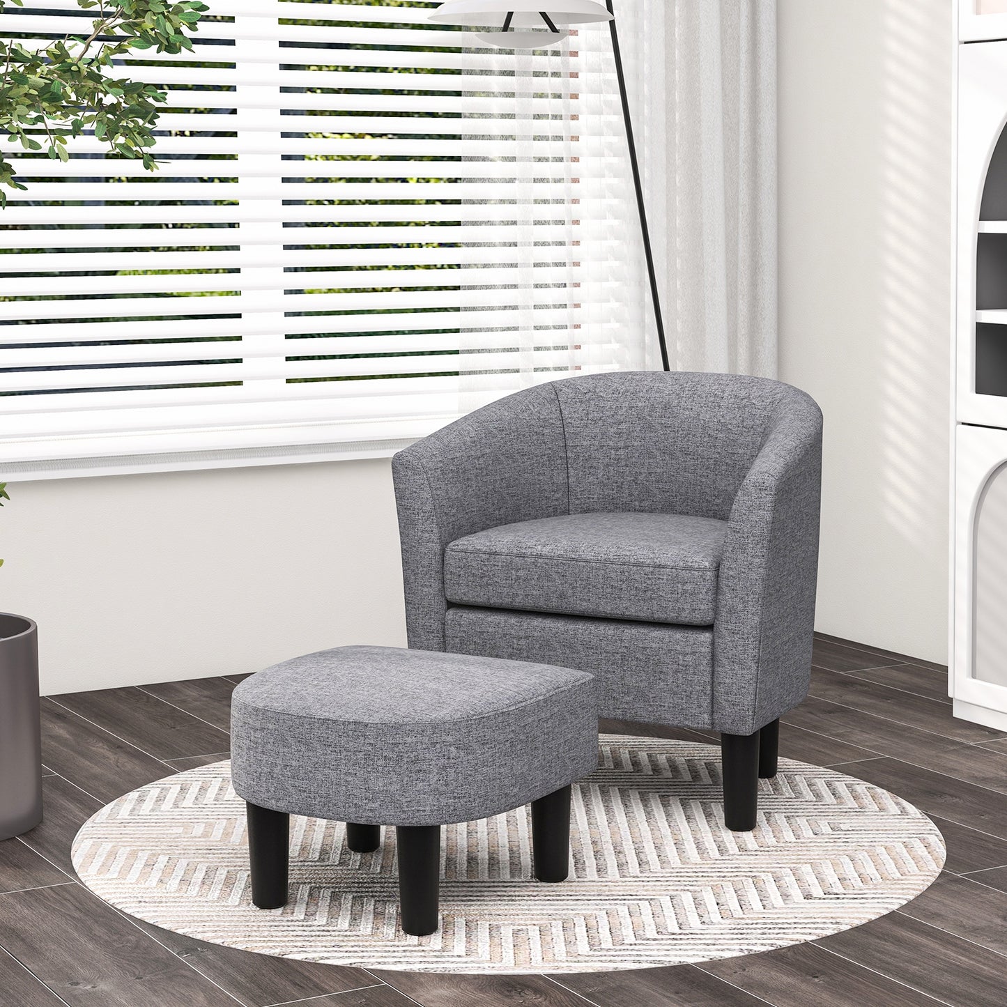 Barrel Club Chair with Ottoman Set Linen Fabric Accent Chair with Footrest-Beige
