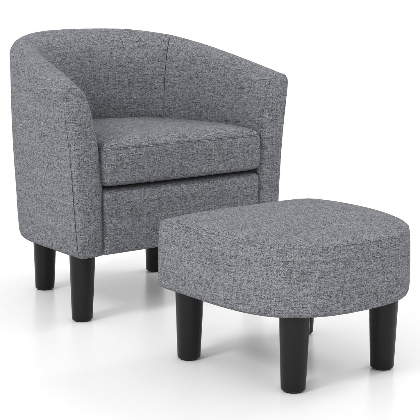 Barrel Club Chair with Ottoman Set Linen Fabric Accent Chair with Footrest-Beige