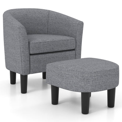 Barrel Club Chair with Ottoman Set Linen Fabric Accent Chair with Footrest-Beige