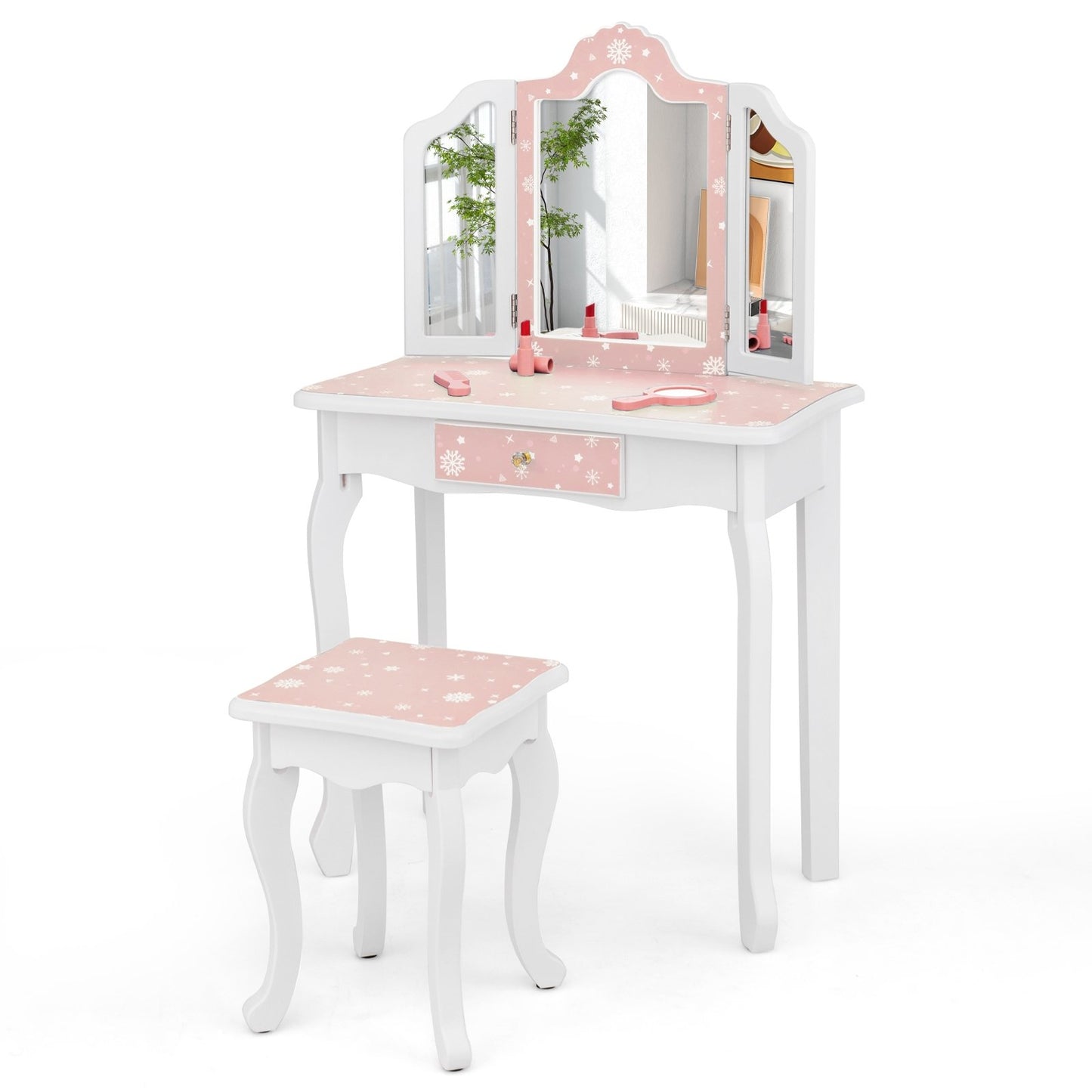 Princess Pretend Play Makeup Table and Stool Set with Tri-folding Mirror-Blue