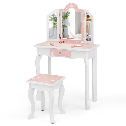 Princess Pretend Play Makeup Table and Stool Set with Tri-folding Mirror-Blue