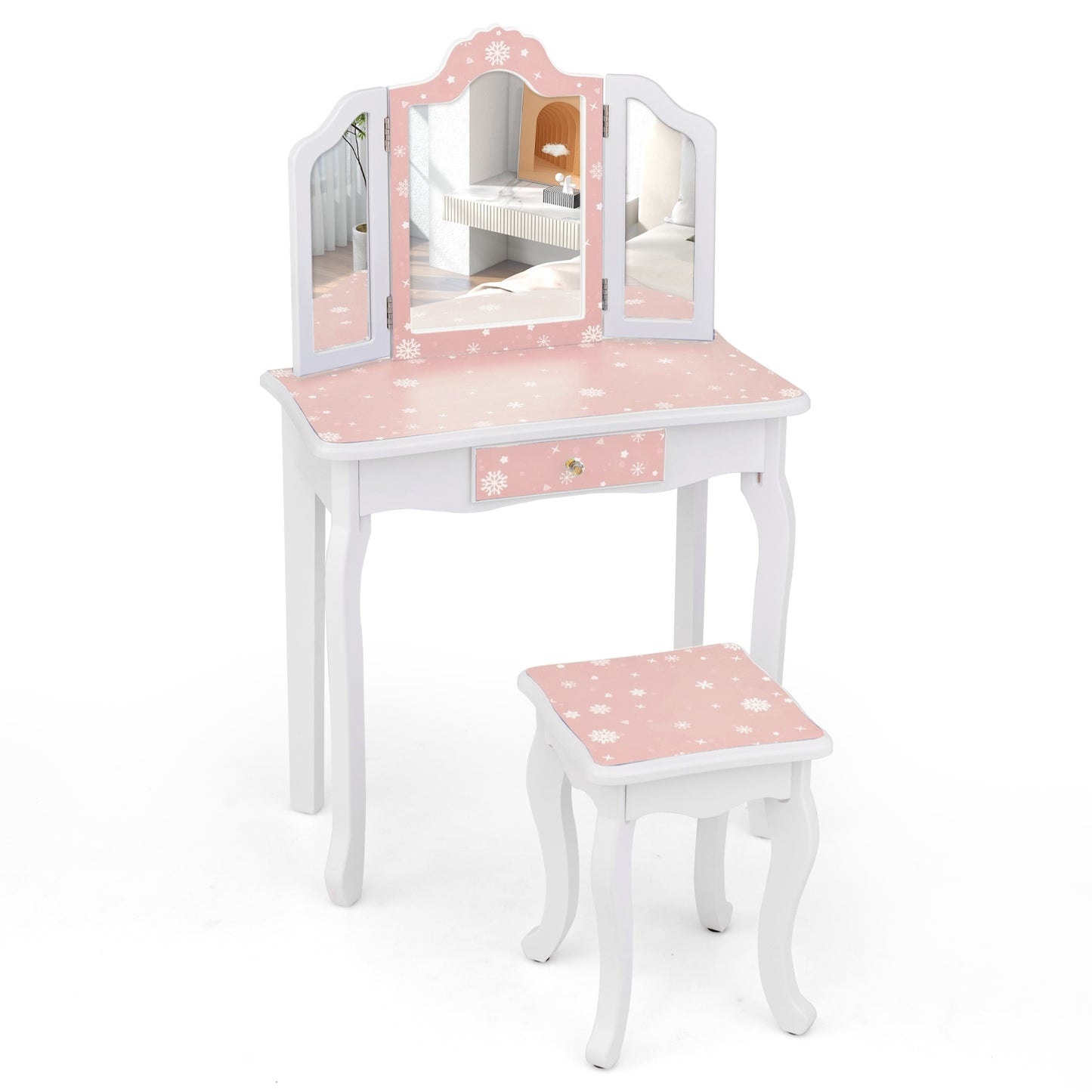 Princess Pretend Play Makeup Table and Stool Set with Tri-folding Mirror-Blue