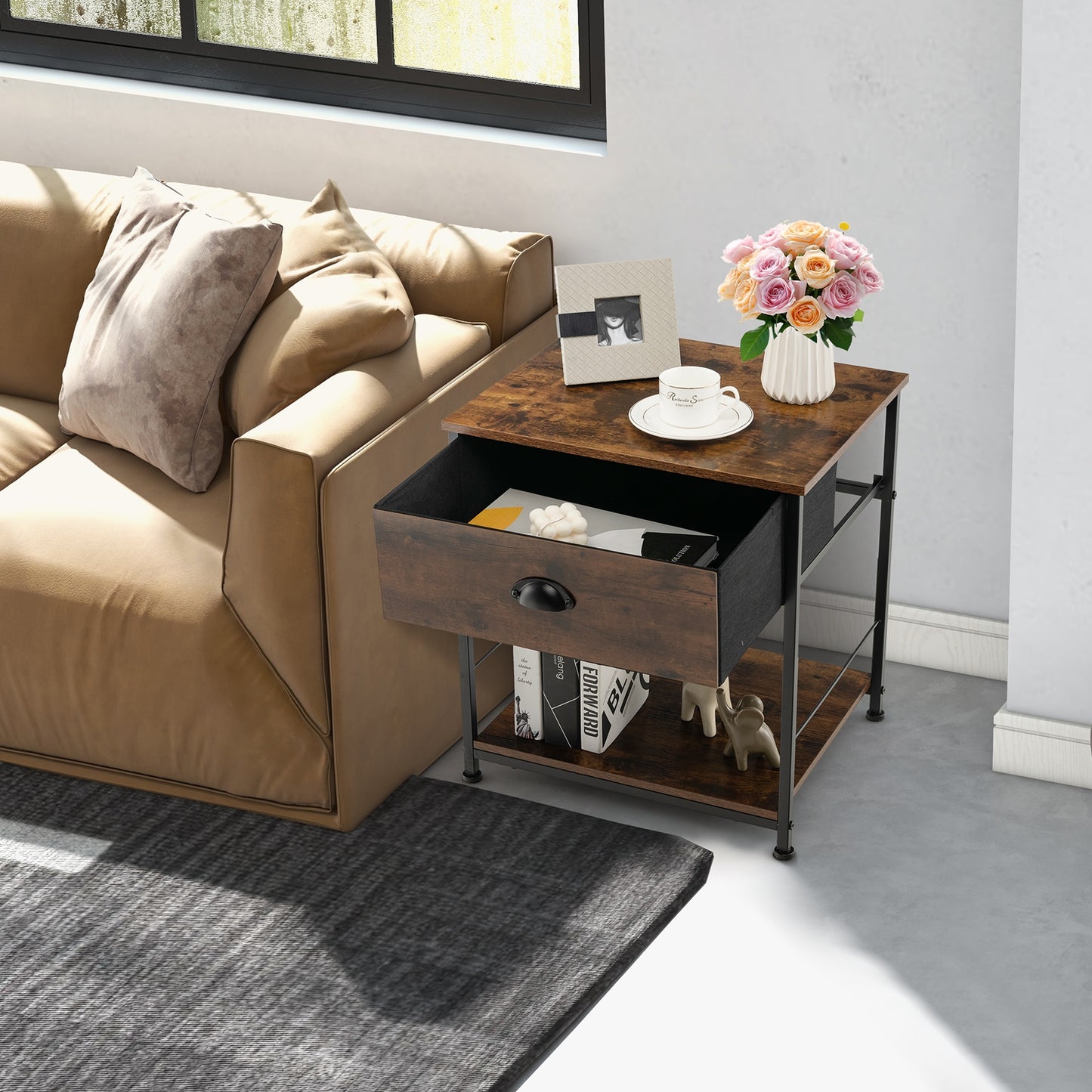 2 Tiers Nightstand with Open Storage Shelf for Living Room Bedroom-1 Piece