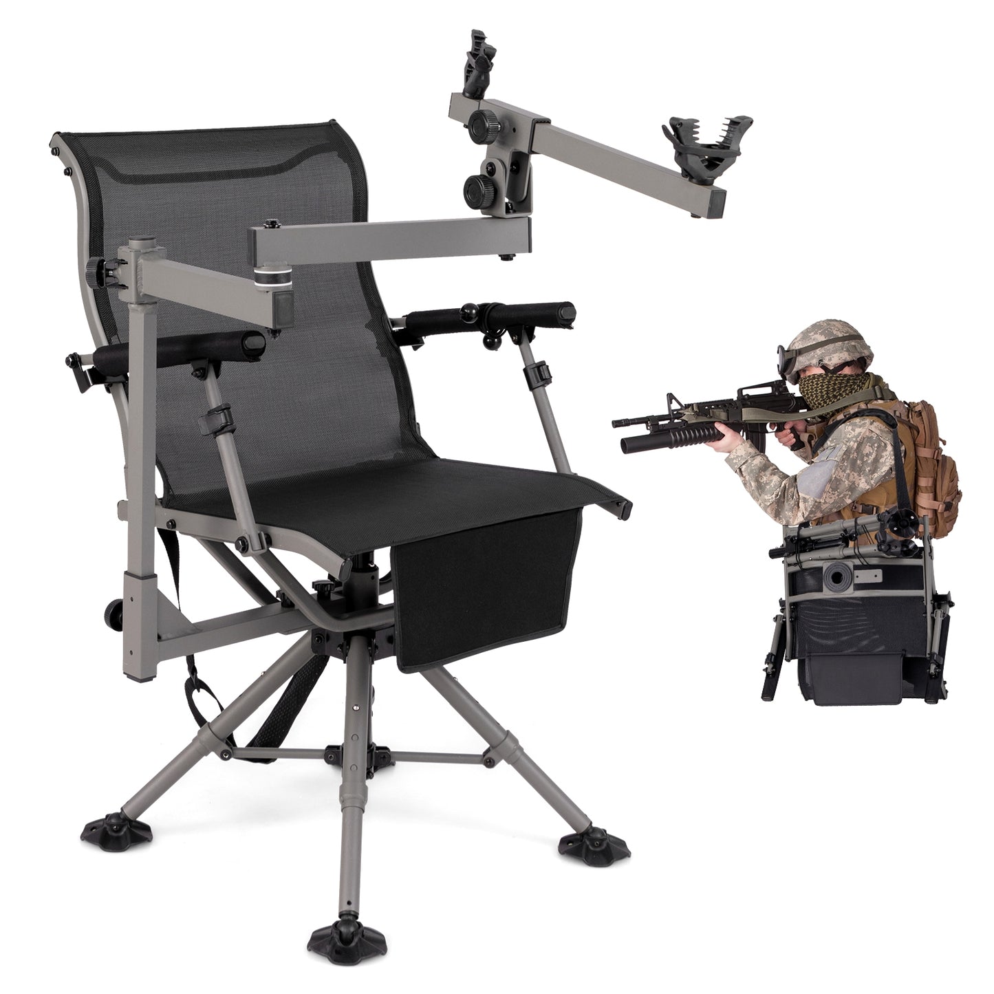 360° Swivel Portable Hunting Chair with Adjustable Legs and Armrests-Black