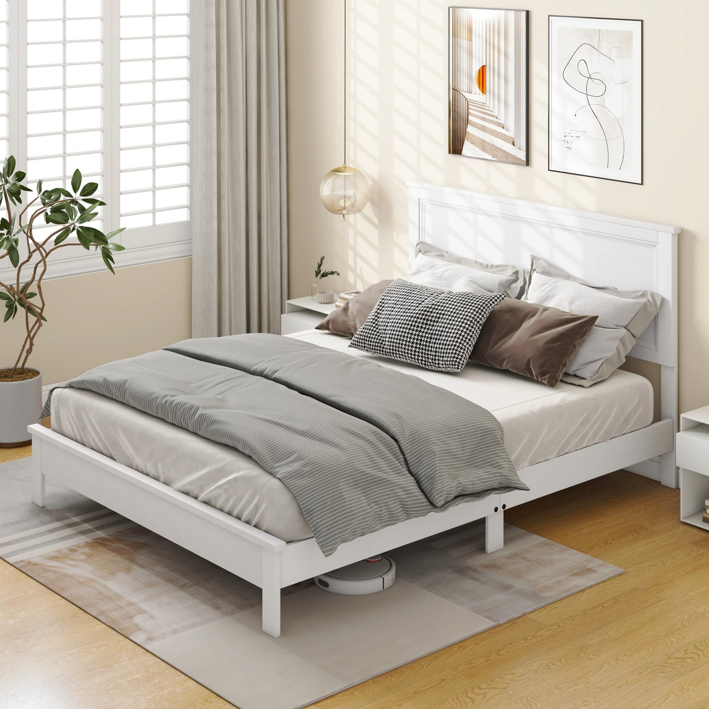 Queen Size Bed Frame Platform Slat High Headboard Bedroom with Rubber Wood Leg-Black
