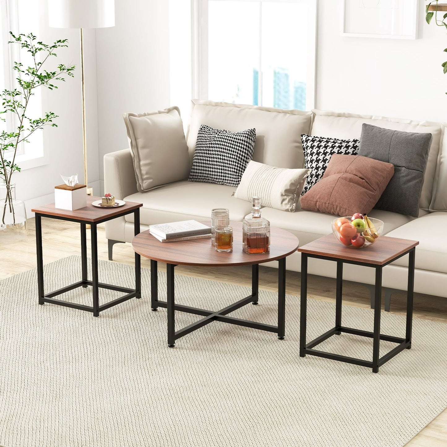 3-Piece Coffee Table Set Round Coffee Table and 2PCS Square End Tables-Gray