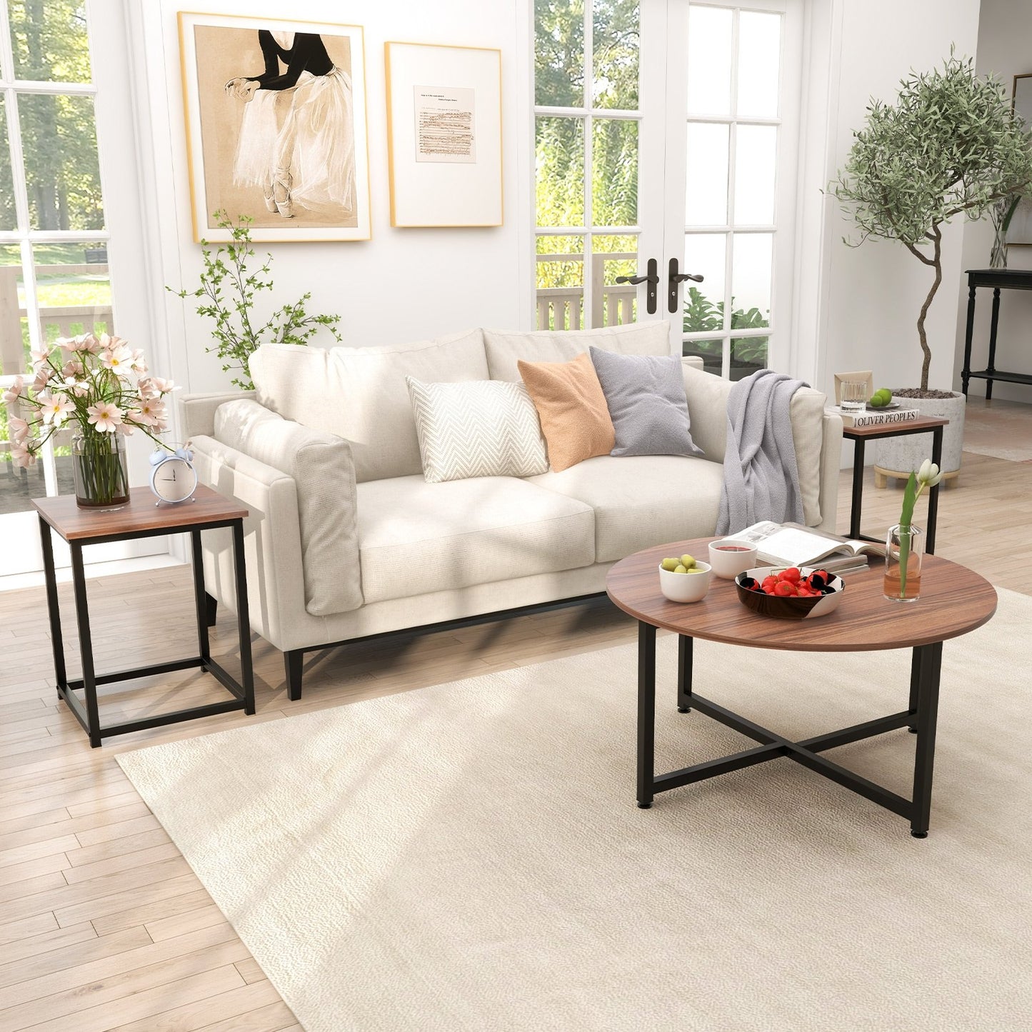 3-Piece Coffee Table Set Round Coffee Table and 2PCS Square End Tables-Gray