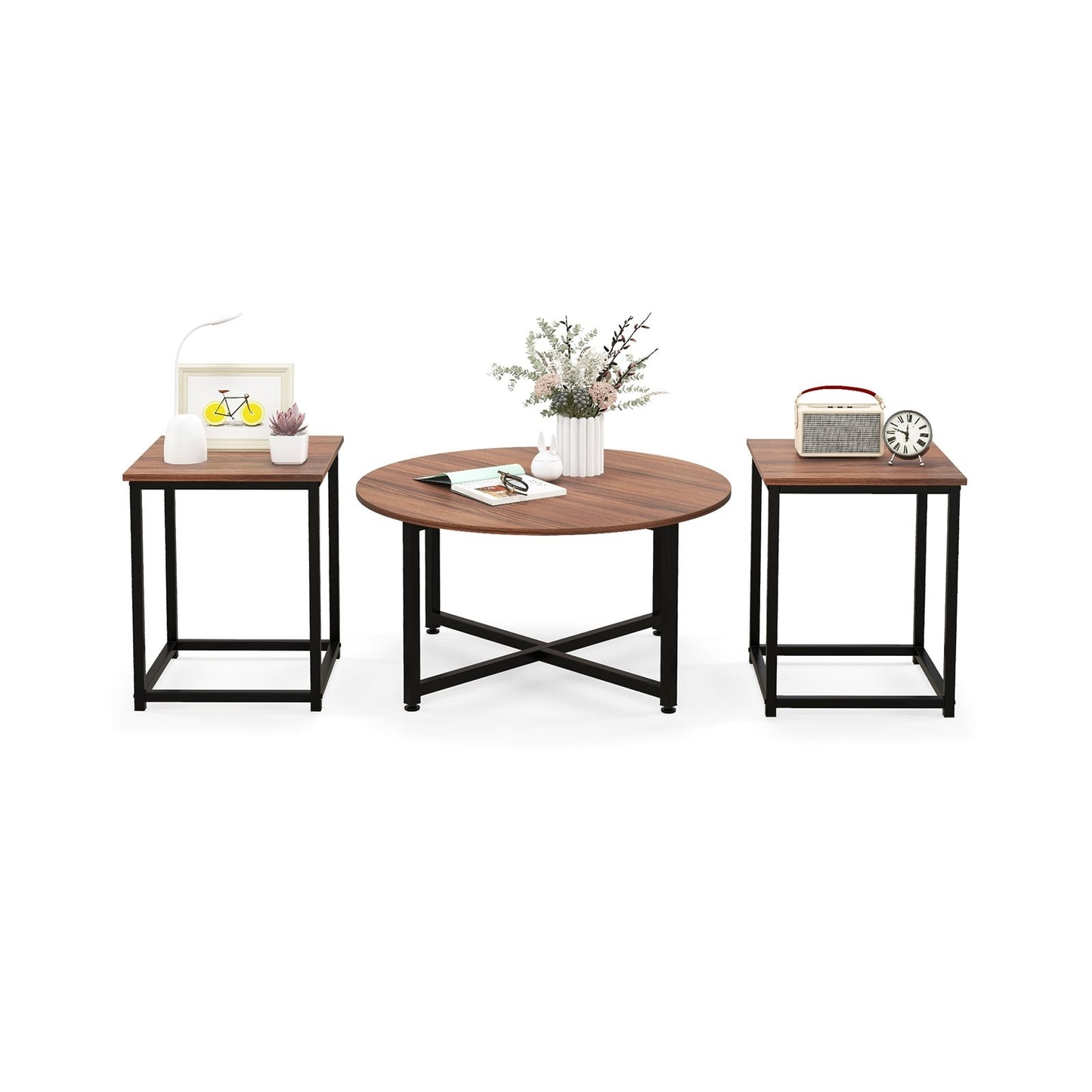 3-Piece Coffee Table Set Round Coffee Table and 2PCS Square End Tables-Gray
