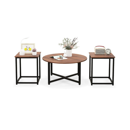 3-Piece Coffee Table Set Round Coffee Table and 2PCS Square End Tables-Gray