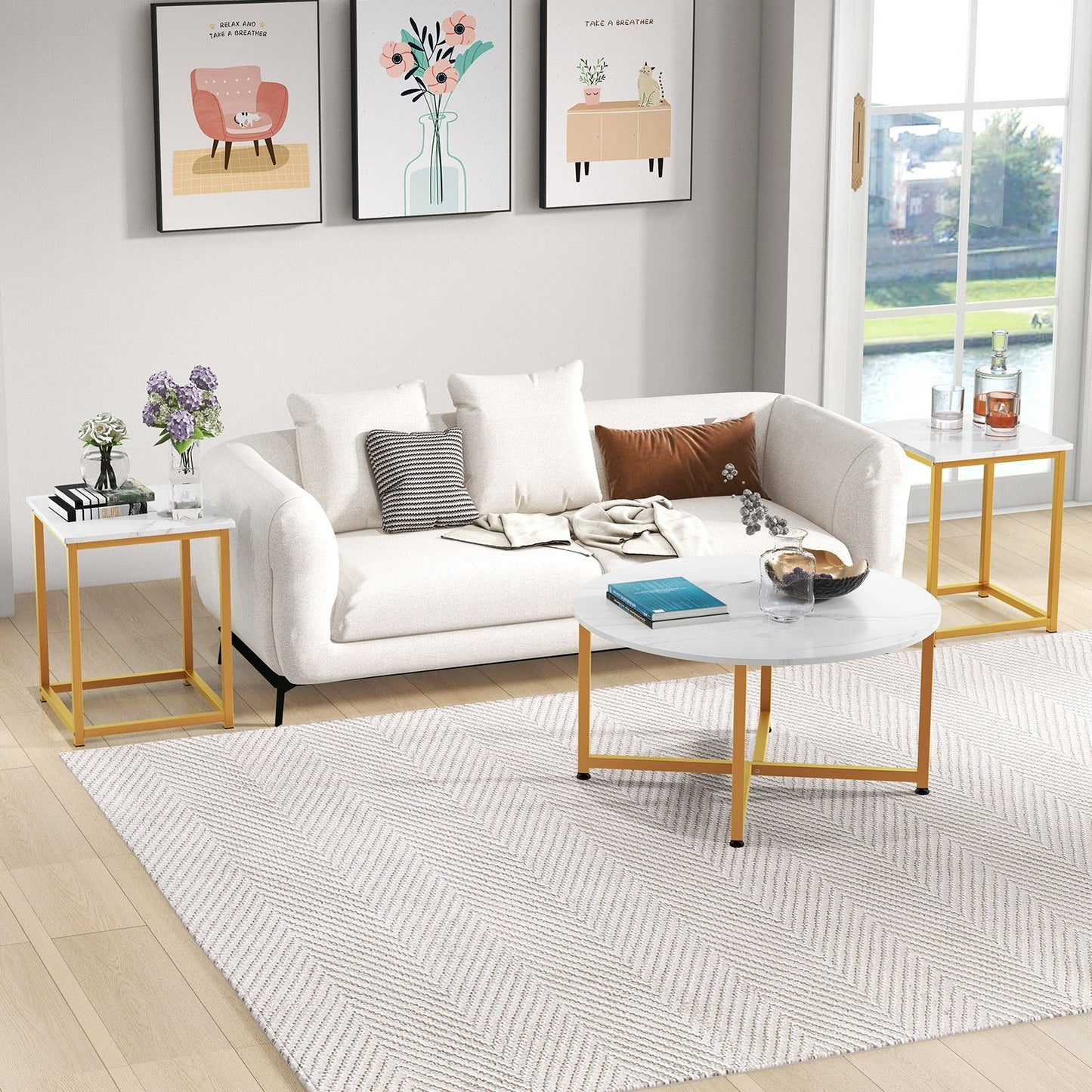 3-Piece Coffee Table Set Round Coffee Table and 2PCS Square End Tables-Gray