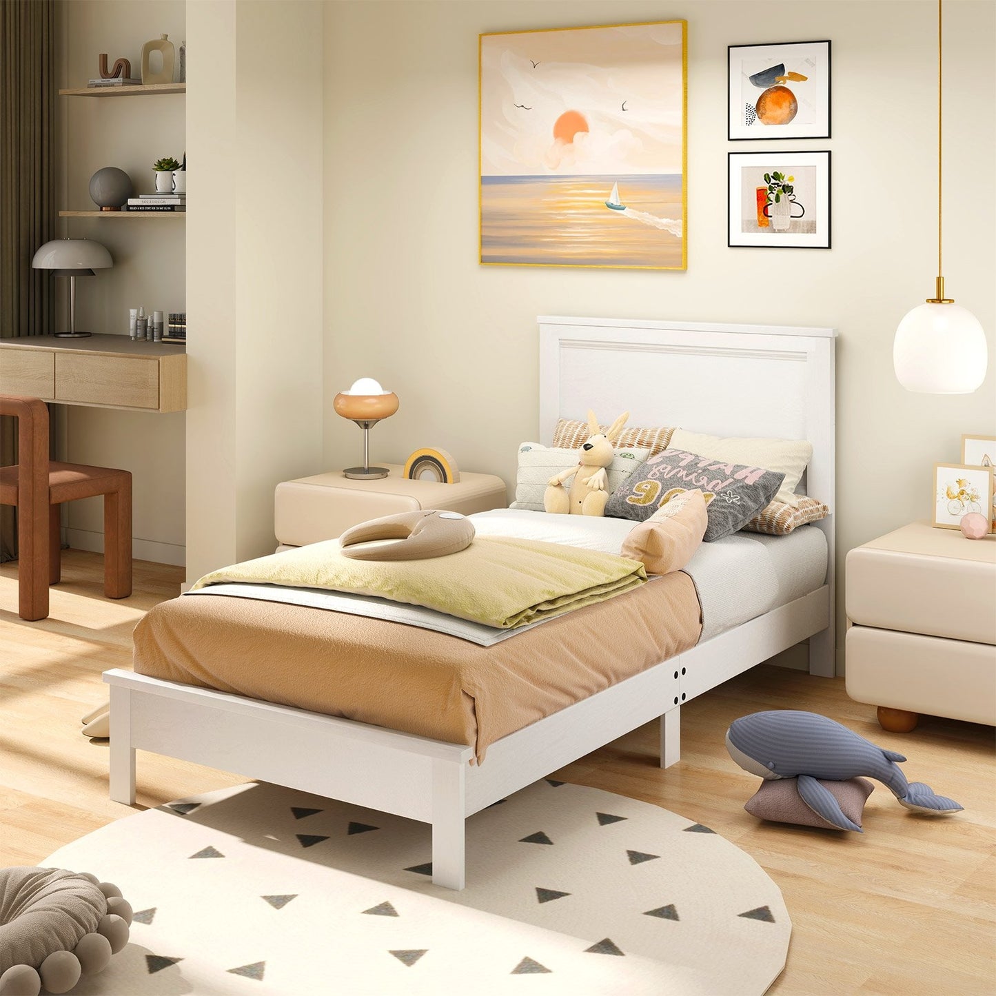 Twin Size Wooden Bed Frame with Headboard and Slat Support-Walnut