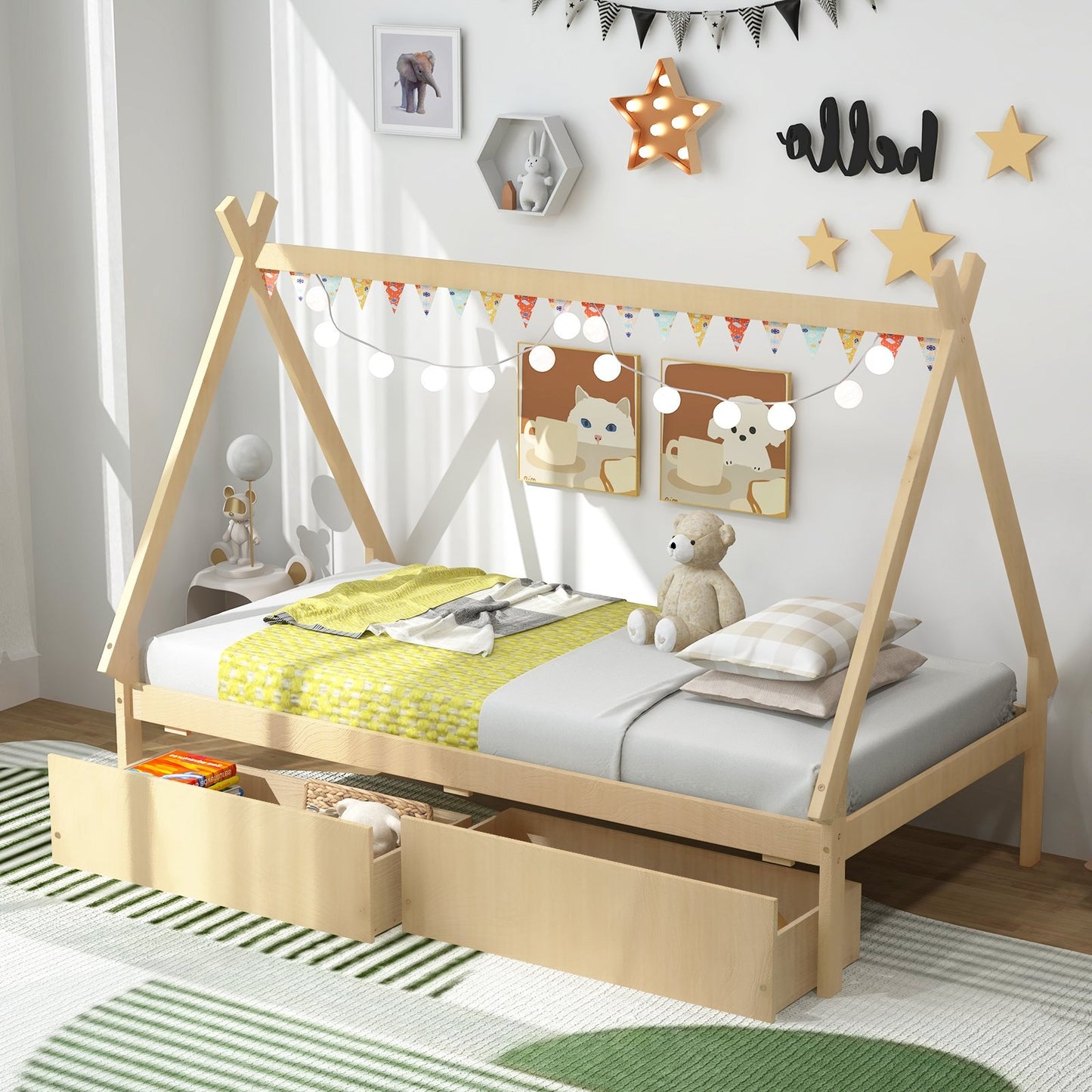 Twin Size Wooden Tent Platform House Bed with 2 Drawers-Gray