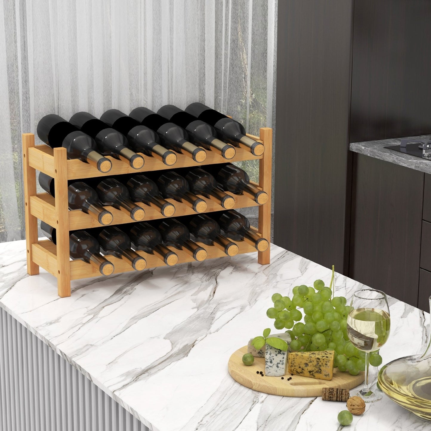 3-Tier Bamboo Freestanding Countertop Wine Bottle Organizer-Coffee