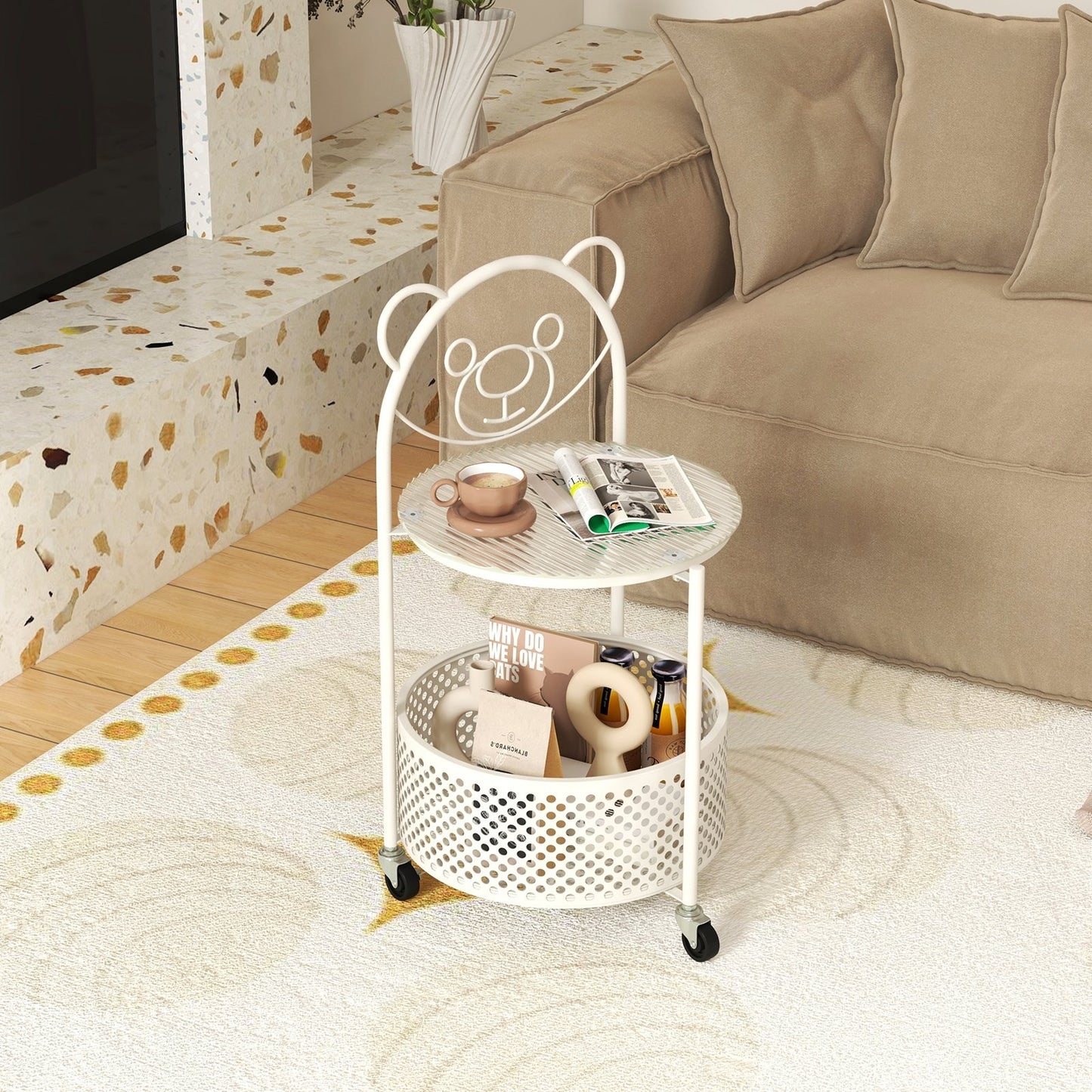 Modern Sofa Side Table on Lockable Wheels for Living Room Bedroom Study-Gold