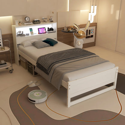 Twin Size Bed Frame with Storage Headboard and Charging Station-Gray