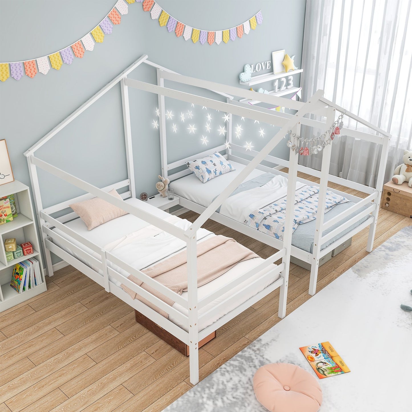 Double Twin Size Wooden Bed Frames with Built-in Table for Kids-White