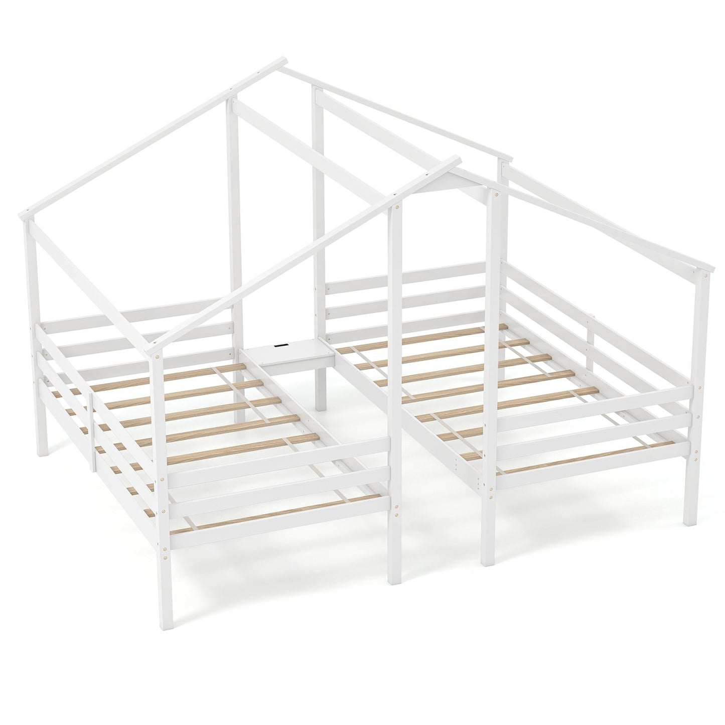 Double Twin Size Wooden Bed Frames with Built-in Table for Kids-White