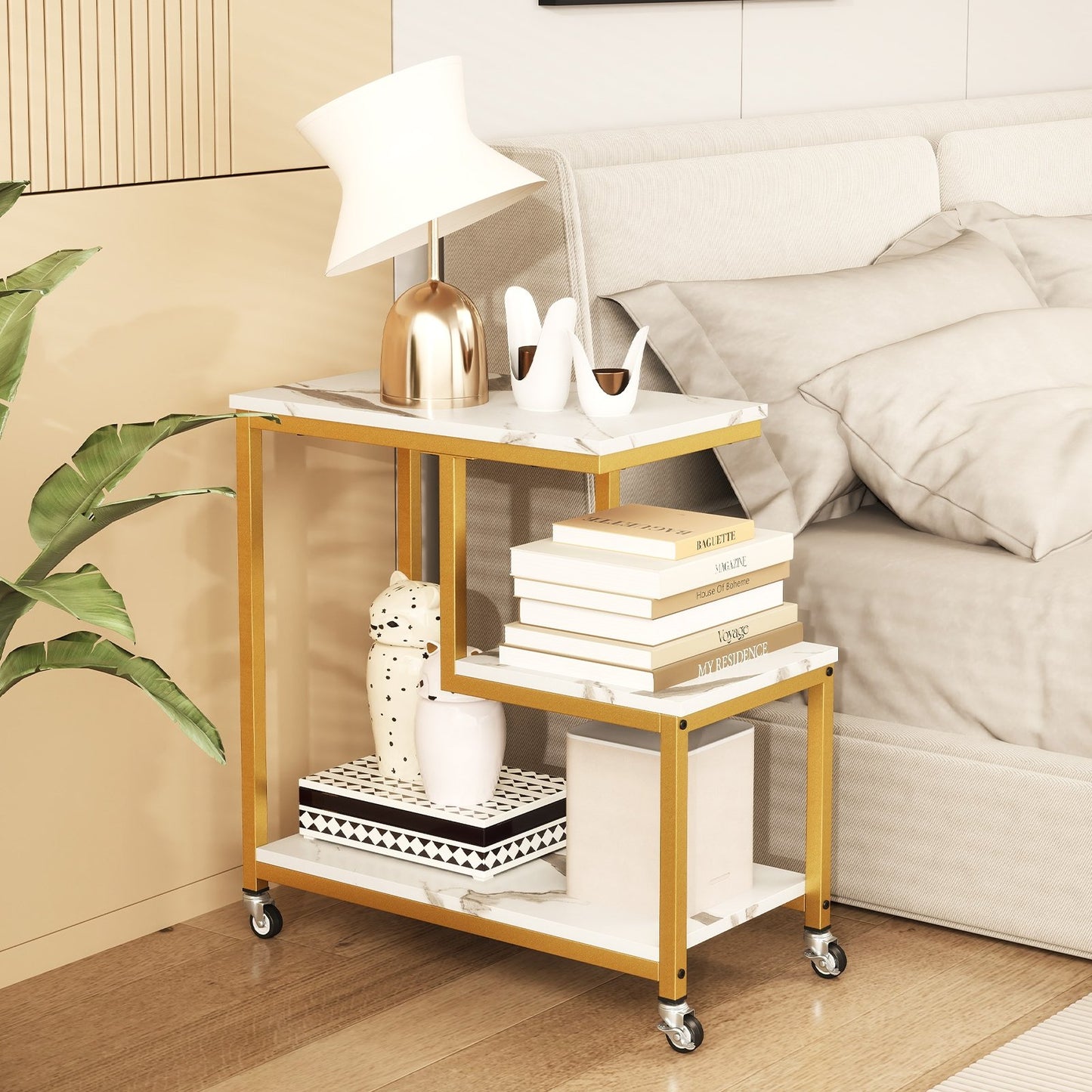 G-shaped Side Table 3-Tier Mobile End Table with Open Shelves-Gray