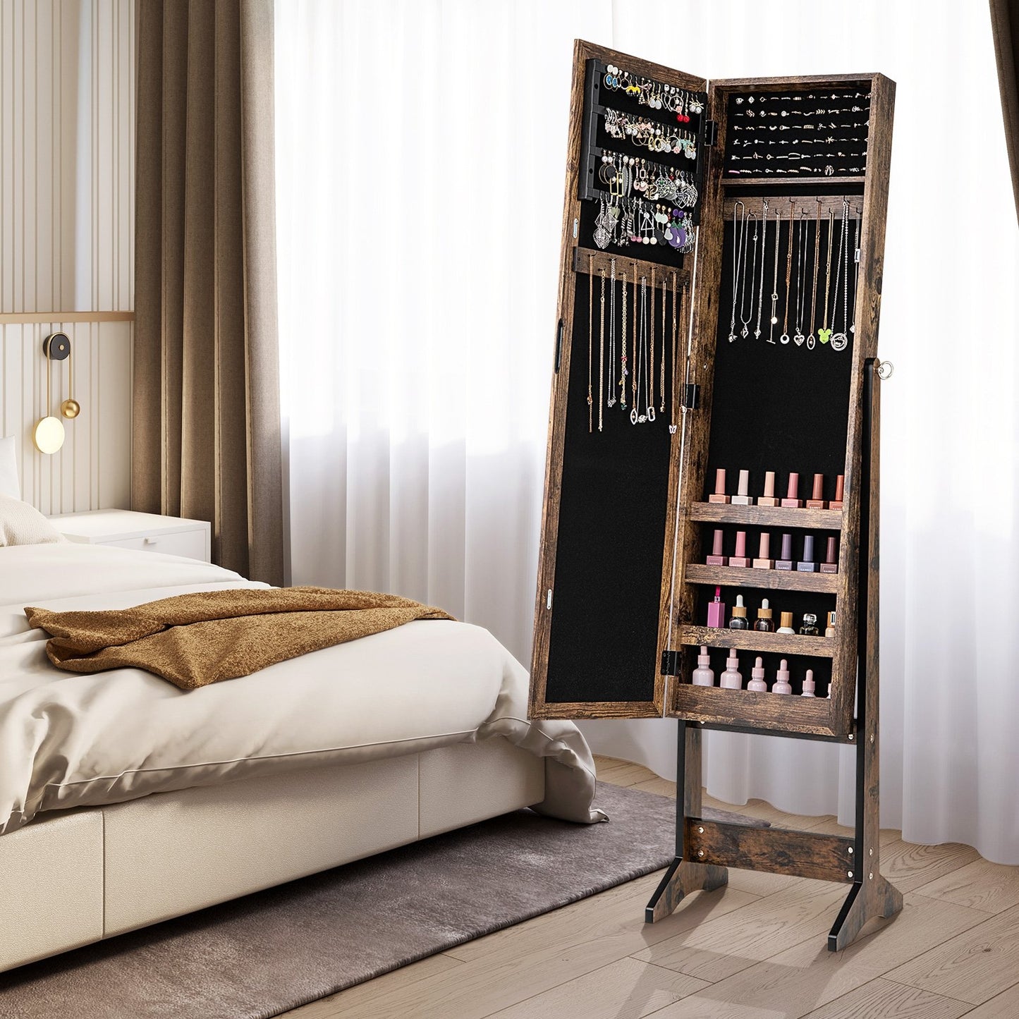 New Mirrored Jewelry Cabinet Armoire Mirror Organizer Storage Box Ring w/ Stand-Black