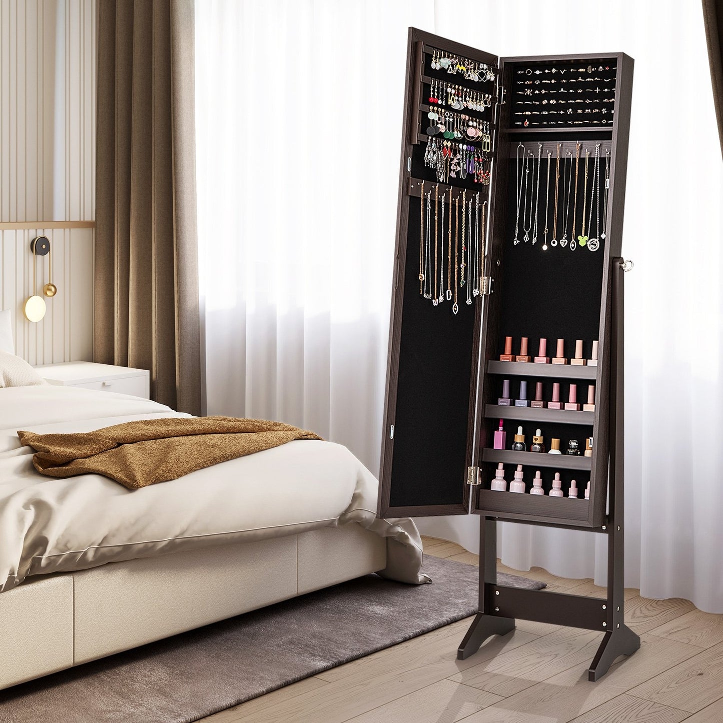 New Mirrored Jewelry Cabinet Armoire Mirror Organizer Storage Box Ring w/ Stand-Black