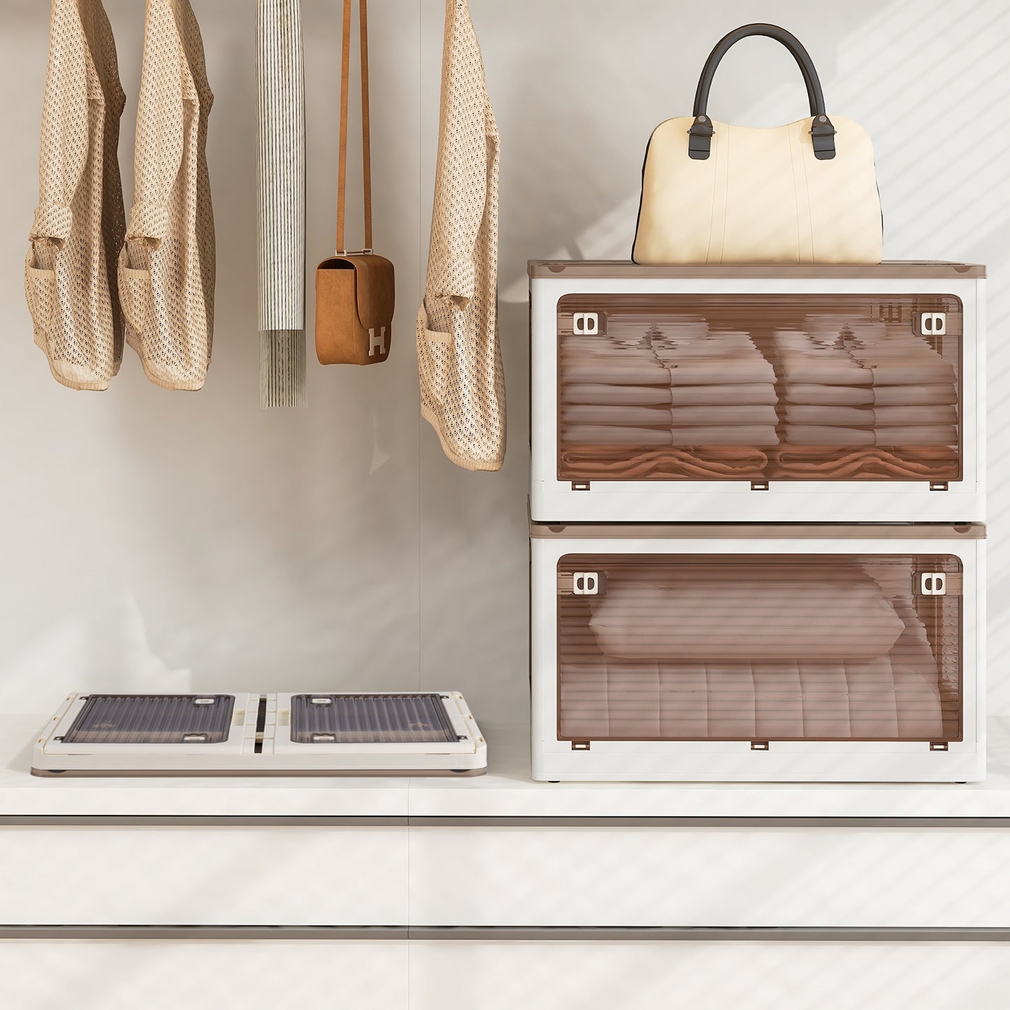 Three stackable storage bins with lids and five opening options, 18-gallon capacity, by Wilsons Home Store.