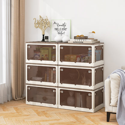 Three stackable storage bins with lids, featuring five opening options, in a neutral color for versatile living room organization.
