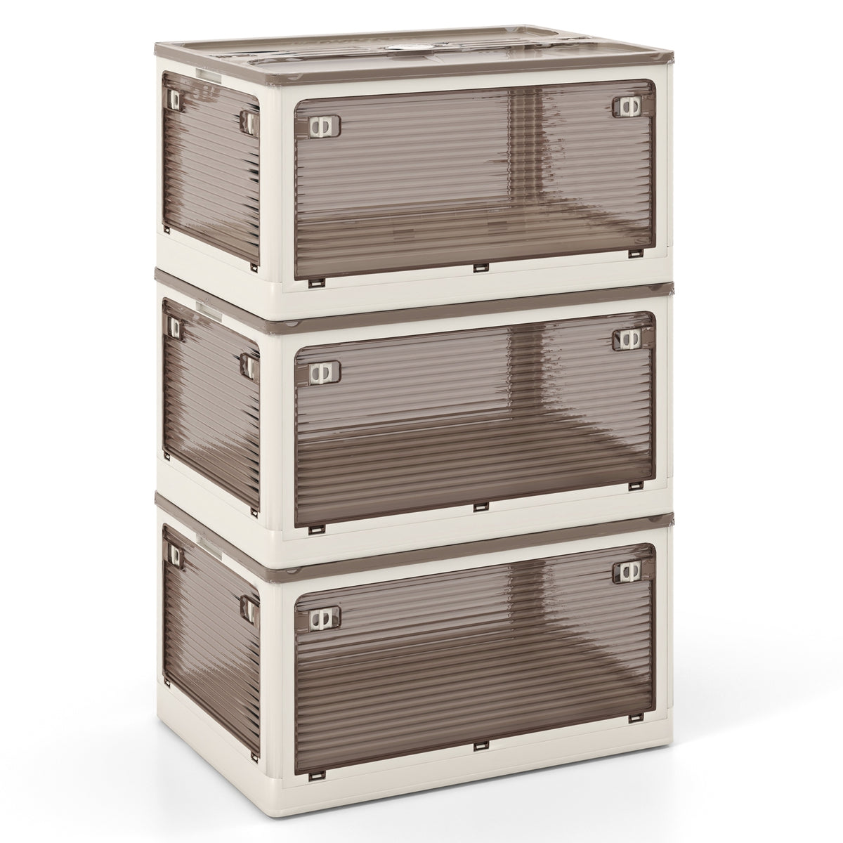Three stackable storage bins with lids in a 3-pack, featuring five opening options, ideal for organizing living room cabinets.