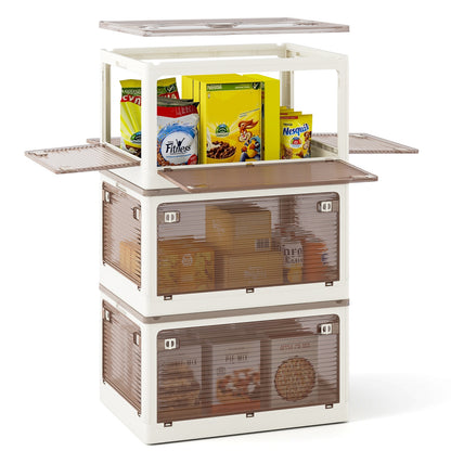 Three stackable 18-gallon storage bins with lids and five opening options, designed for living room organization by Wilsons Home Store