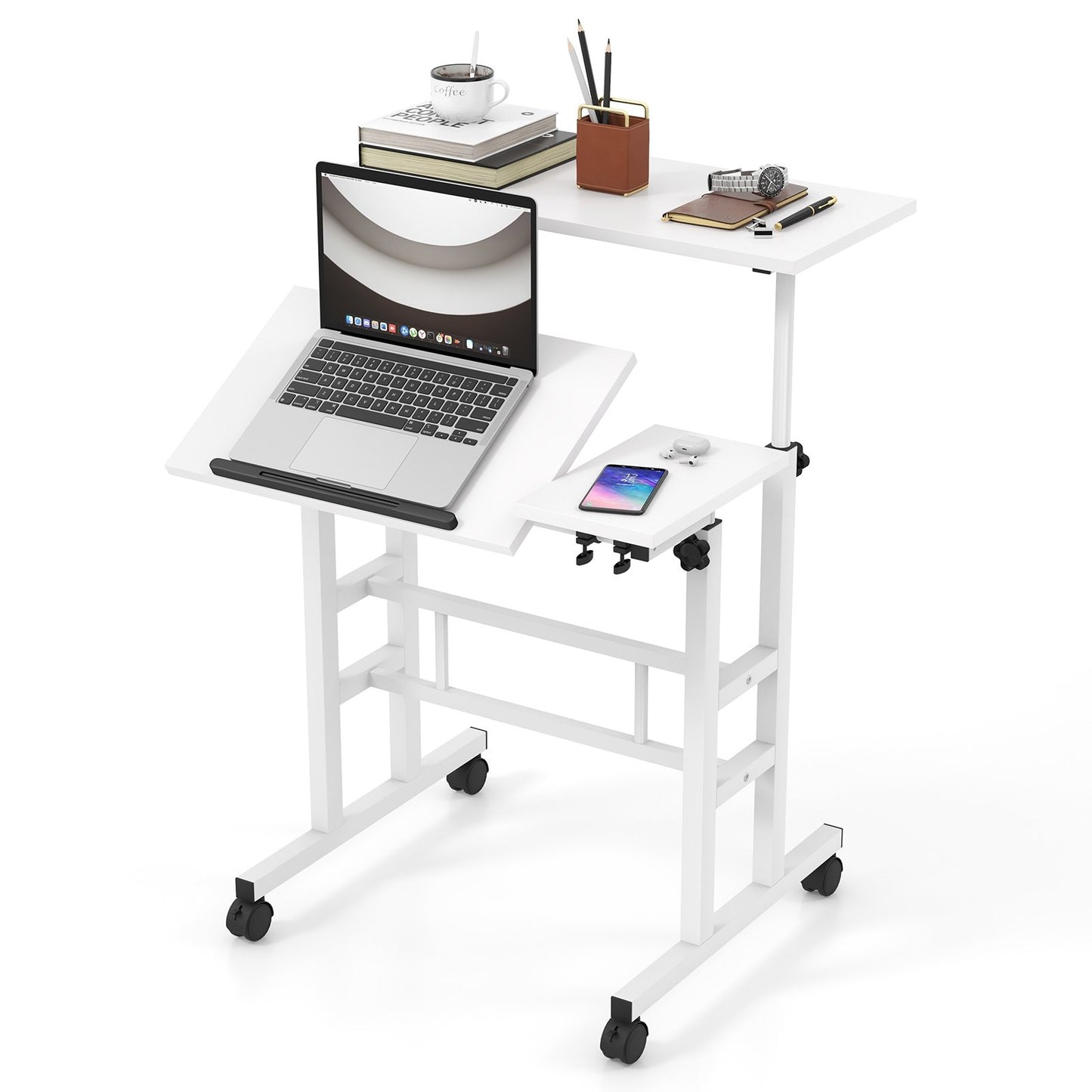 Mobile Stand-up Computer Desk Adjustable with 2 Tilting Desktops-Black