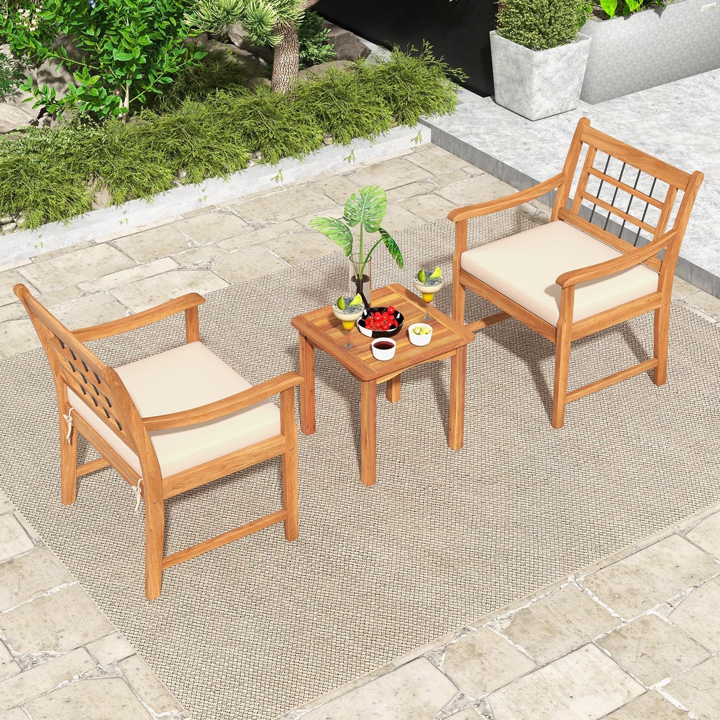 3 Piece Wood Patio Furniture Set with Seat Cushions and Acacia Wood Frame-Gray