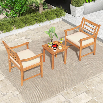 3 Piece Wood Patio Furniture Set with Seat Cushions and Acacia Wood Frame-Gray
