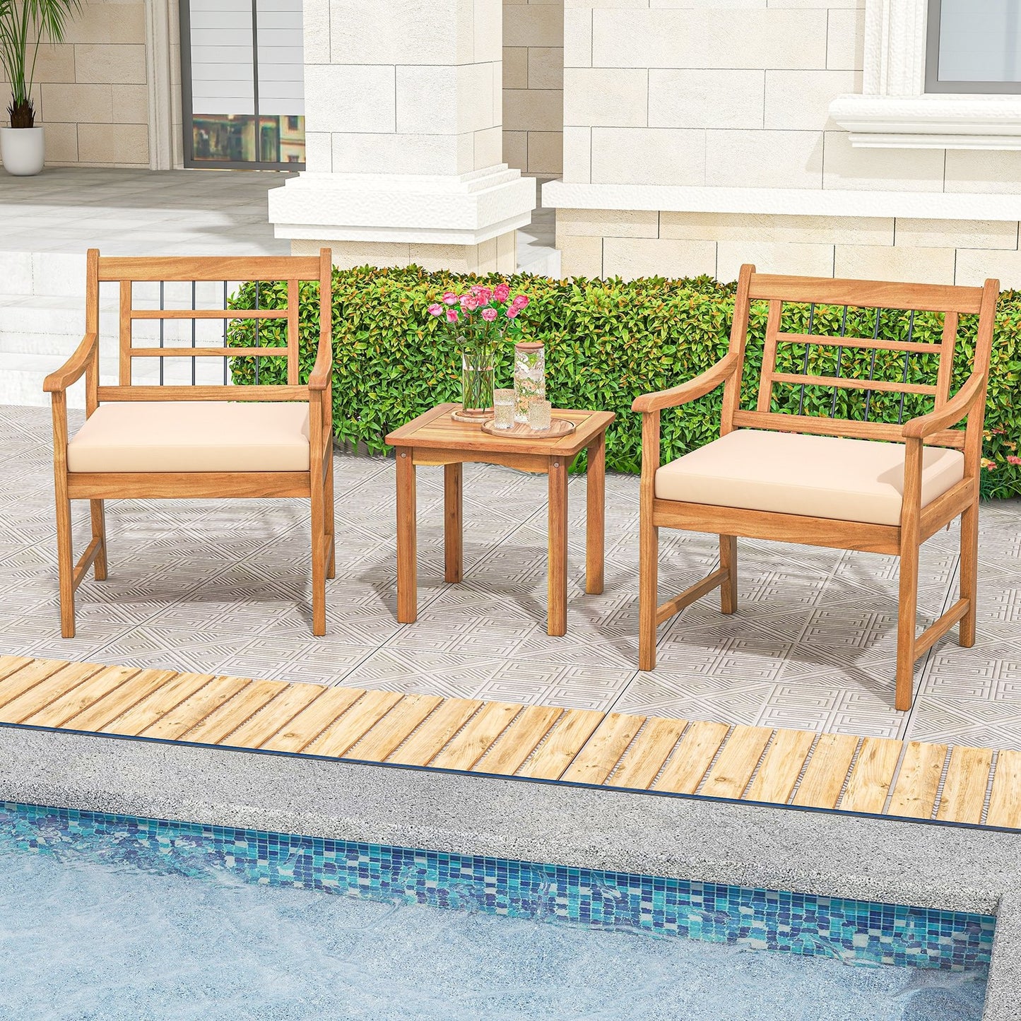 3 Piece Wood Patio Furniture Set with Seat Cushions and Acacia Wood Frame-Gray