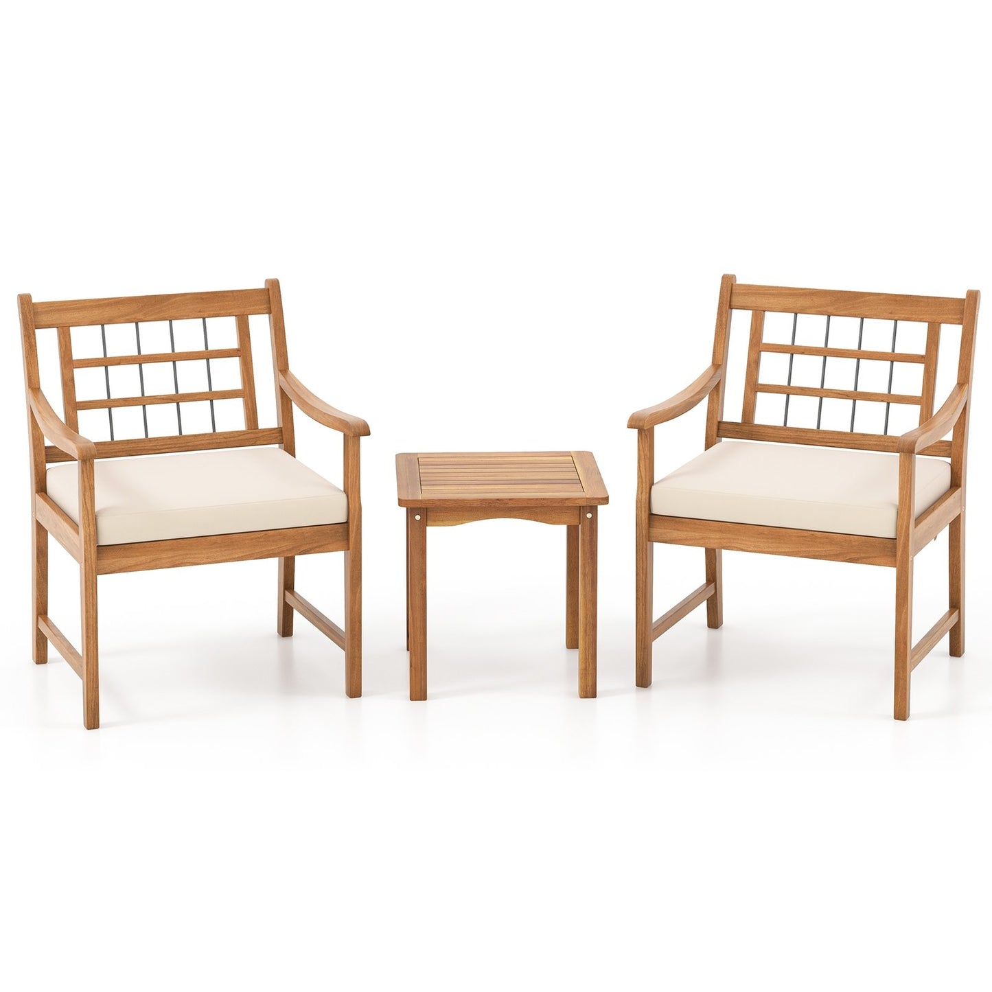 3 Piece Wood Patio Furniture Set with Seat Cushions and Acacia Wood Frame-Gray