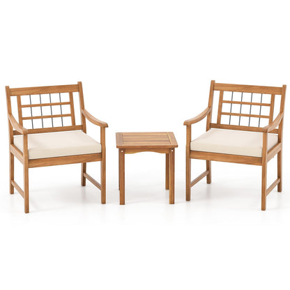 3 Piece Wood Patio Furniture Set with Seat Cushions and Acacia Wood Frame-Gray