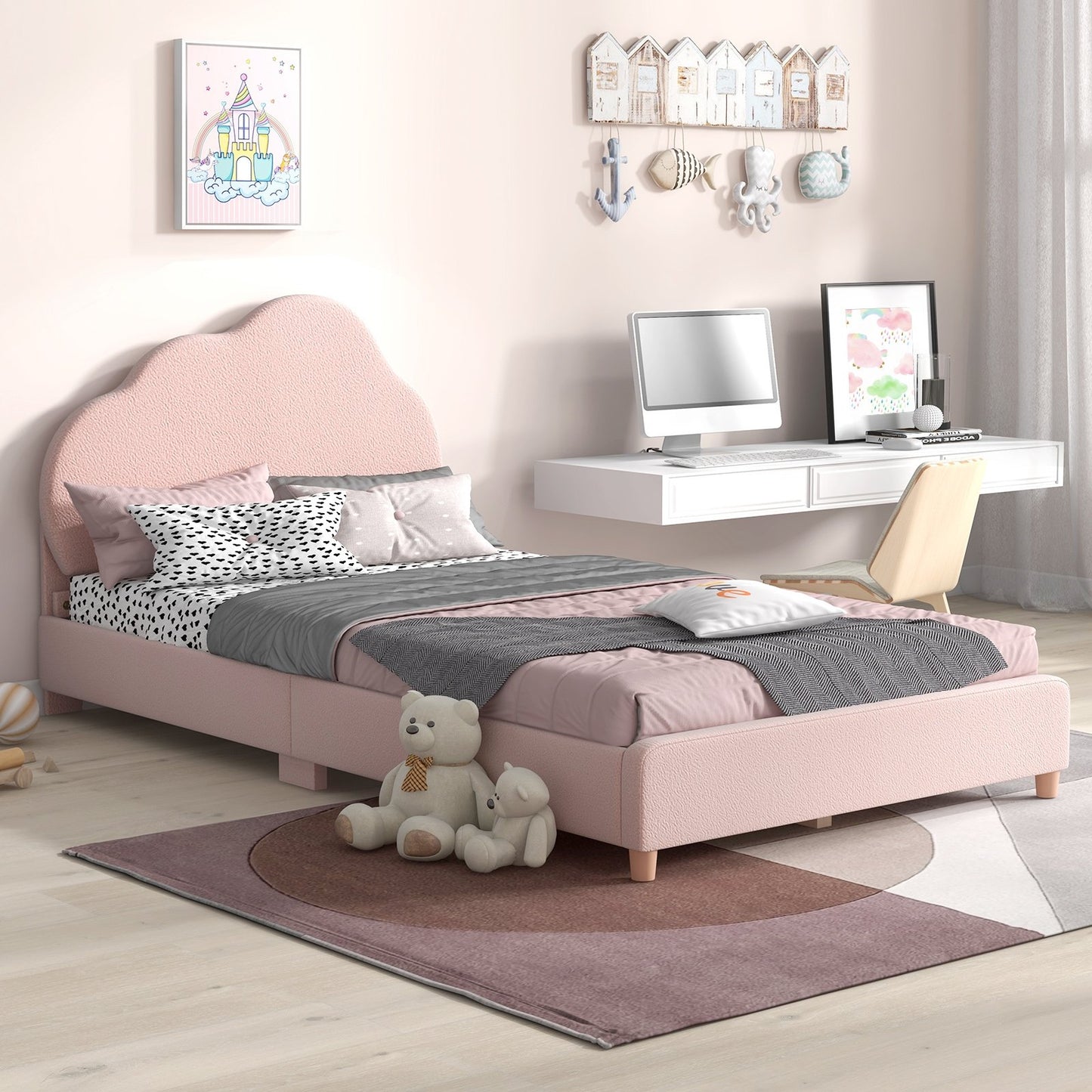 Twin Bed Frame with Height-Adjustable Headboard and Sturdy Wooden Slats-Blue