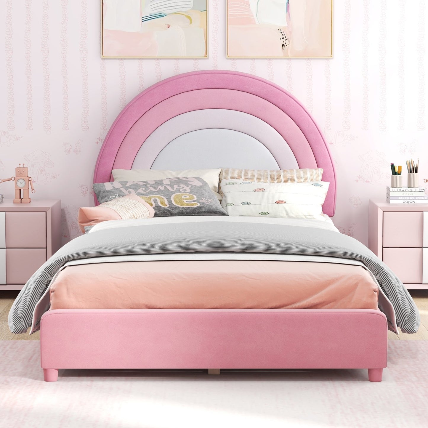 Twin Bed Frame with Height-Adjustable Headboard and Sturdy Wooden Slats-Blue