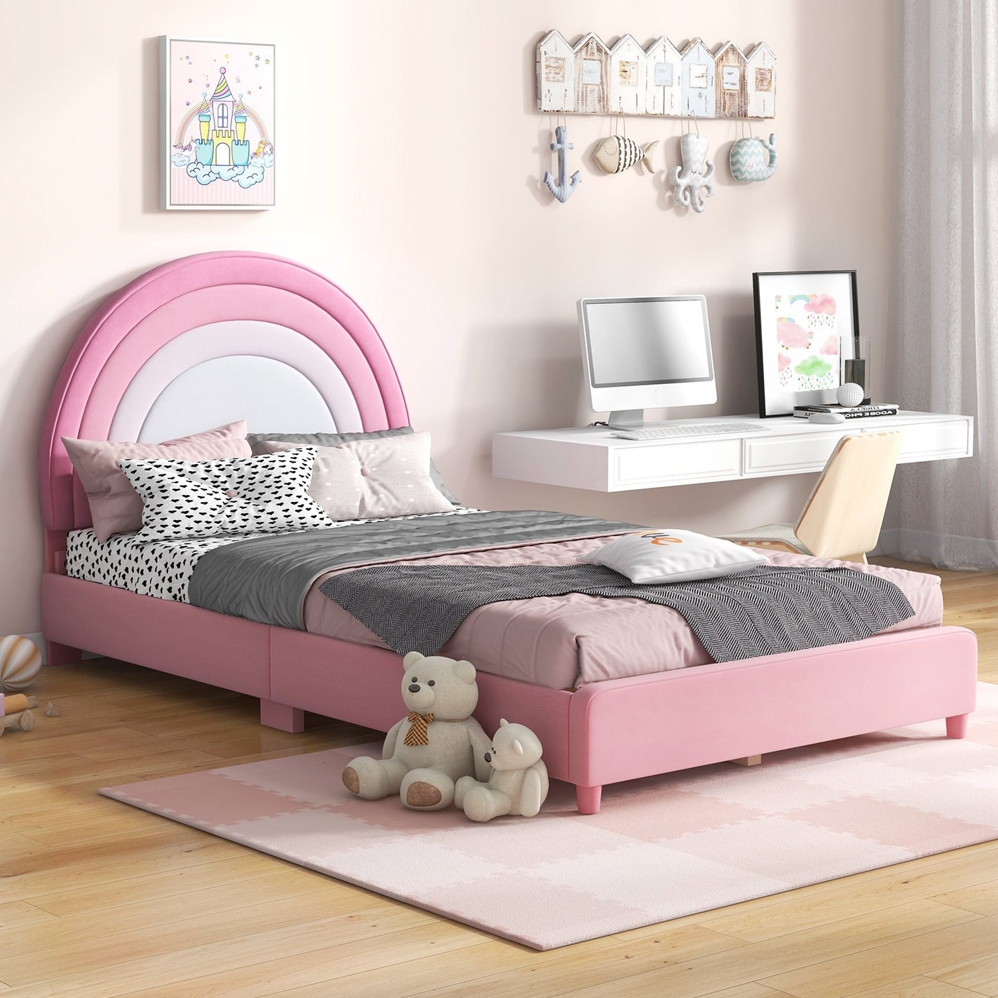Twin Bed Frame with Height-Adjustable Headboard and Sturdy Wooden Slats-Blue