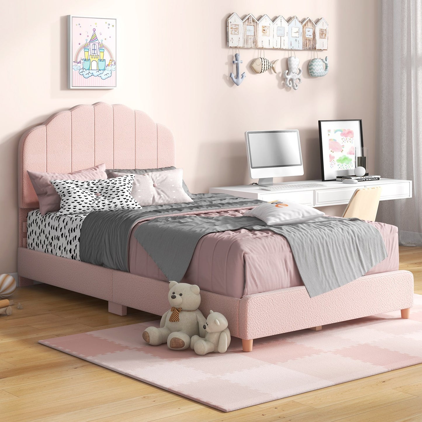 Twin Bed Frame with Height-Adjustable Headboard and Sturdy Wooden Slats-Blue
