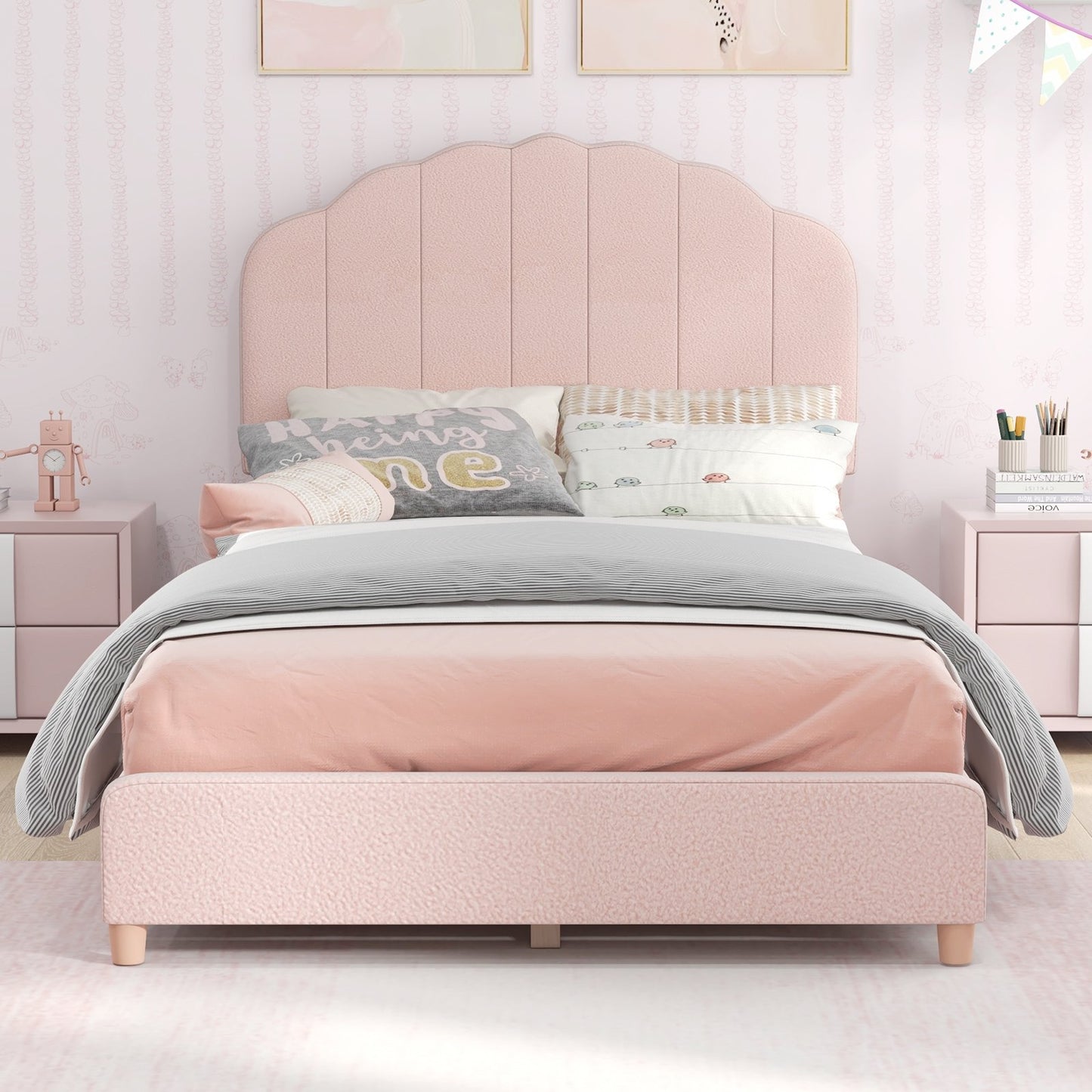 Twin Bed Frame with Height-Adjustable Headboard and Sturdy Wooden Slats-Blue
