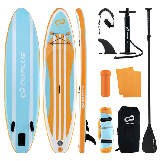 Inflatable stand-up paddle board with adjustable paddle and three fins, designed for adults and youths, by Wilsons Home Store.