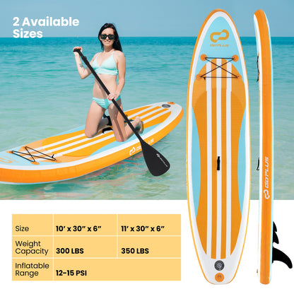 Inflatable stand-up paddle board with adjustable paddle and three fins for adults and youths, ideal for water sports.