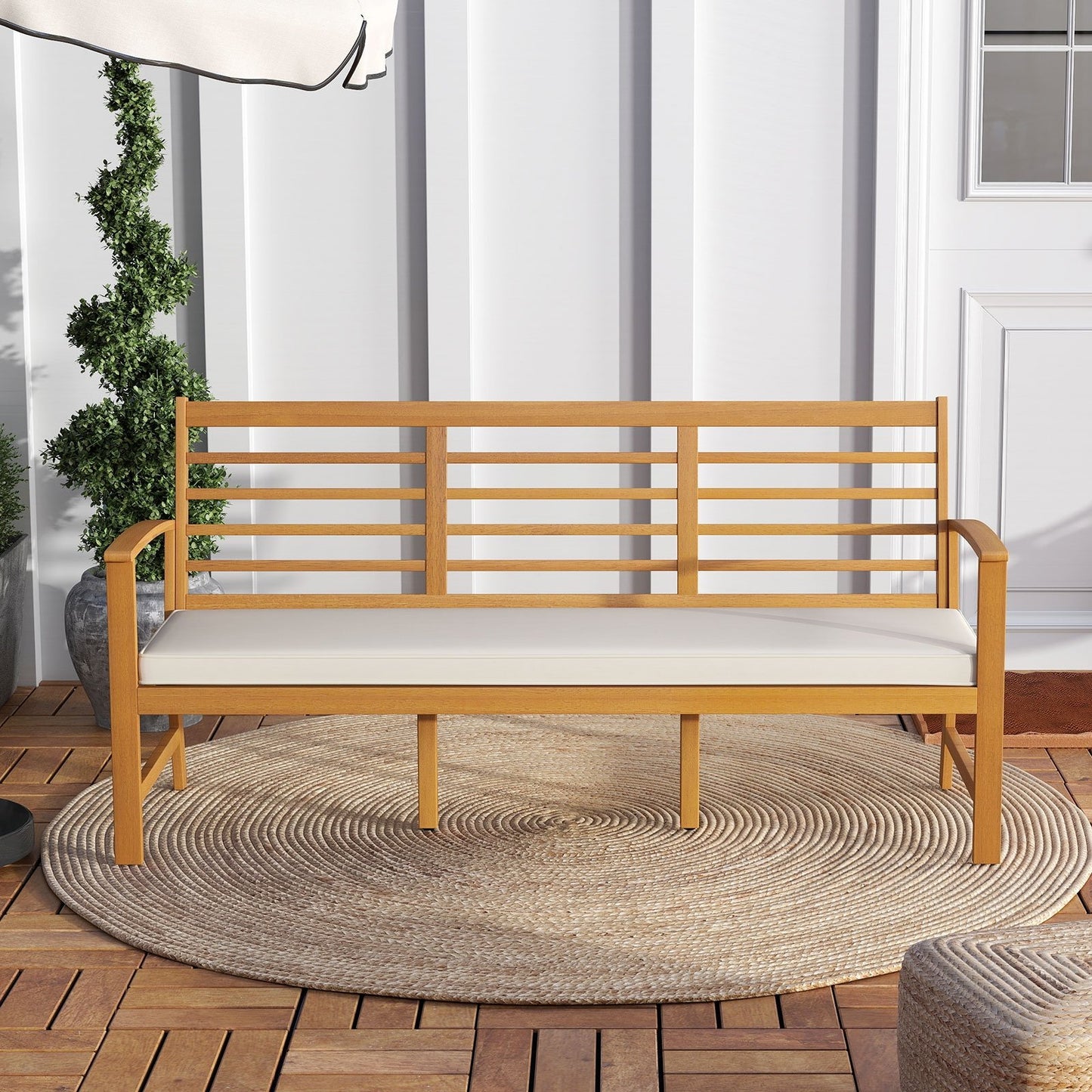 Patio 64 Inch Wood Bench with Seat Cushion and Slatted Seat for Backyard-Off White