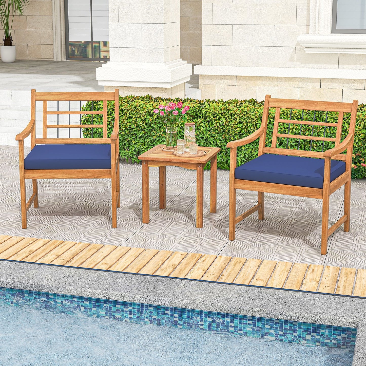3 Piece Wood Patio Furniture Set with Seat Cushions and Acacia Wood Frame-Gray